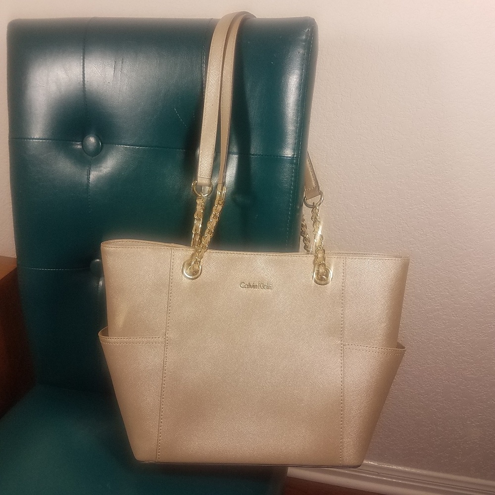 Calvin Klein Gold Metallic Saffiano Leather Tote